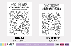 Two versions of a kawaii unicorn coloring page showing A4 and US Letter sizes, with unicorn in a pool and cute summer elements.