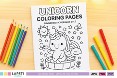 Cute kawaii unicorn coloring page with unicorn in pool, rainbow, sun and butterflies, surrounded by colored pencils on a wooden table.