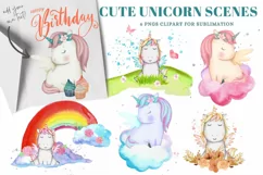 Cute Unicorn Scenes Watercolor & Girly Clipart Illustrations Product Image 1