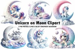 Unicorn on Moon Watercolor Clipart Product Image 1