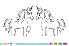 Two cute unicorns facing each other in simple outline style
