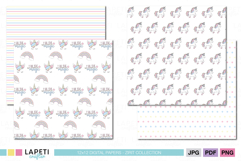Coordinated unicorn birthday papers featuring magical and simple patterns