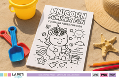 Printable unicorn summer coloring page for kids with beach scene, sandcastle and sunglasses.