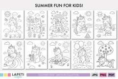 Set of 10 summer-themed kawaii unicorn coloring pages with rainbows, beaches, ice cream and balloons, perfect for kids activities.