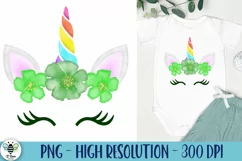 St. Patrick's Day unicorn face PNG shown on a baby bodysuit.