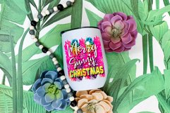 unique and colorful Christmas sublimation design on a colorful leopard pattern background with a phrase saying merry and sunny Christmas on a white wine tumbler