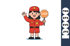 Girl traffic officer holding stop sign in red uniform waving Product Image 1