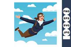 Woman Aviator Flying with Scarf and Goggles in Blue Sky Vect Product Image 1