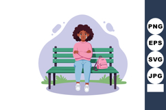 Sad young woman sitting alone on green bench with pink backp Product Image 1