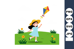 Girl Flying Yellow Blue Red Kite Outdoors on Green Grass Fie Product Image 1