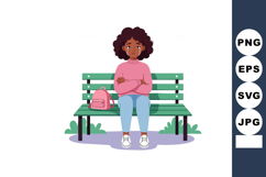 Sad young woman sitting on green park bench with pink backpa Product Image 1