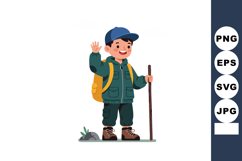 Boy Hiking with Walking Stick Wearing Blue Cap and Yellow Ba Product Image 1