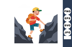 Boy Hiking Between Rocky Cliffs Wearing Backpack and Cap Out Product Image 1
