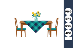 Dining table with two chairs and blue checkered tablecloth w Product Image 1
