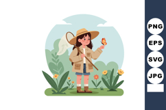 Girl catching butterfly with net in nature garden scene vect Product Image 1