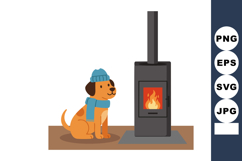 Dog Wearing Blue Hat and Scarf Sitting Near Fireplace Vector Product Image 1