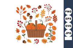 Autumn pumpkin basket with orange leaves acorns and red berr Product Image 1