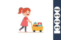 Girl pushing yellow cart with colorful toy blocks happy play Product Image 1