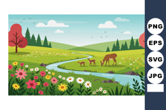 Deer grazing near river in colorful spring meadow with rolli Product Image 1