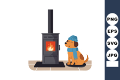 Dog Wearing Hat and Scarf Sitting by Warm Fireplace Indoor C Product Image 1