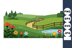 Colorful flowers with winding path and pond in green landsca Product Image 1