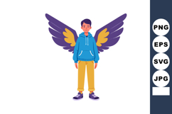 Young man with purple and yellow wings wearing blue hoodie a Product Image 1