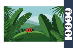 Ladybug on Green Tropical Leaves Nature Landscape Vector Ill Product Image 1