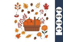 Basket with pumpkins surrounded by autumn leaves acorns and Product Image 1