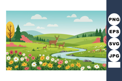 Deer family near flowing river in colorful spring meadow lan Product Image 1