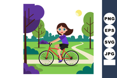 Girl riding bicycle in purple shirt cycling through green pa Product Image 1