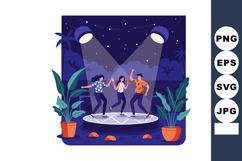 Friends dancing together on illuminated stage at night under Product Image 1