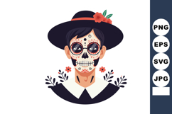 Woman with Day of the Dead Face Paint Wearing Black Hat and Product Image 1