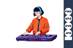 Female DJ mixing music with headphones and orange jacket vec Product Image 1