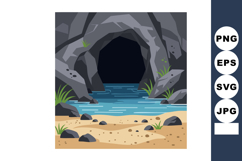 Rocky cave entrance with sandy beach and water landscape ill Product Image 1