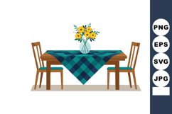 Dining table with yellow flower vase and blue checkered tabl Product Image 1
