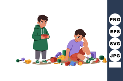 Sad children playing with scattered colorful blocks indoor s Product Image 1