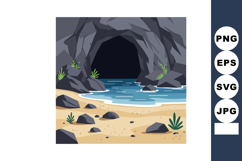 Rocky cave entrance with sandy beach and water shore natural Product Image 1