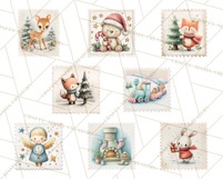 Vintage Christmas Stamp Clipart PNG Watercolor Product Image 11