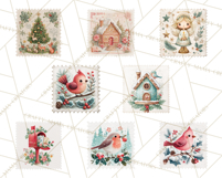 Vintage Christmas Stamp Clipart PNG Watercolor Product Image 3