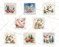 Vintage Christmas Stamp Clipart PNG Watercolor Product Image 4