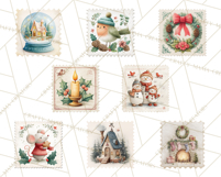 Vintage Christmas Stamp Clipart PNG Watercolor Product Image 5