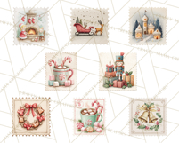 Vintage Christmas Stamp Clipart PNG Watercolor Product Image 6