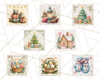 Vintage Christmas Stamp Clipart PNG Watercolor Product Image 7