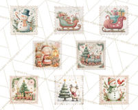 Vintage Christmas Stamp Clipart PNG Watercolor Product Image 8