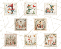 Vintage Christmas Stamp Clipart PNG Watercolor Product Image 9