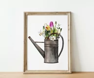Watercolor spring flowers clipart in watering can.Floral PNG Product Image 9