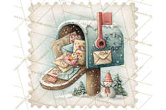 Vintage Christmas Stamp Clipart PNG Watercolor Product Image 3