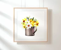 Watercolor spring flower clipart. Daffodils in a cup. PNG Product Image 5