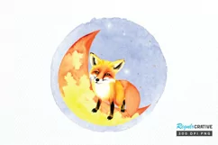 Watercolor Cute Fox on The Moon PNG Clipart Product Image 1