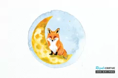 Watercolor Cute Fox on The Moon PNG Clipart Product Image 1